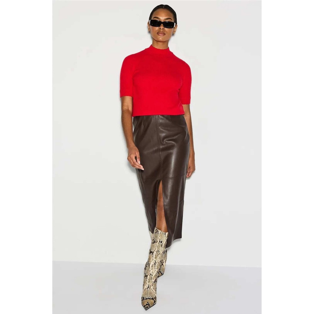 Fifteen Twenty Kaia Faux Leather Midi Skirt Brown Front Slit Womens Sz M